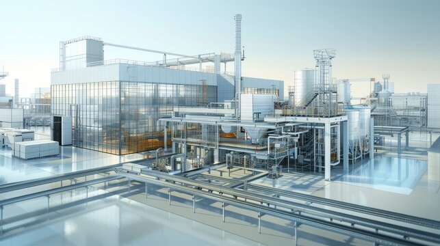 A digital simulation of a smart factory layout optimized with BIM, enhancing production efficiency and workflow design
