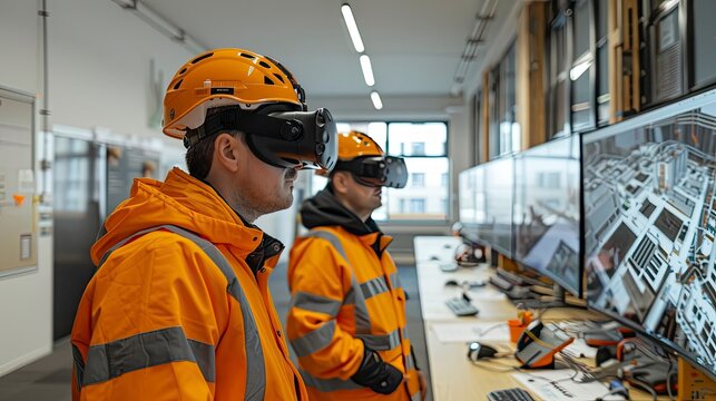 A virtual reality training session for construction workers, simulating BIM-guided safety protocols and site management