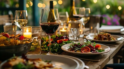 Fototapeta premium Glass with wine and a set of wine snacks, cheese, meat, vegetables and other snacks on the table. selective focus. Generative AI,