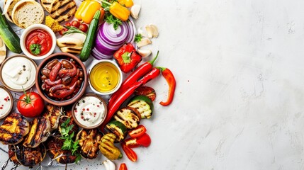 Grilled zucchini, peppers, and other vegetables with various dips