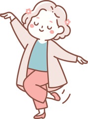 joyful elderly women character dancing illustration, adorned with flowers