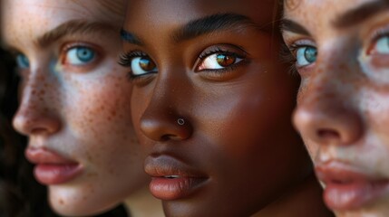 Beings within a demographic close-up shot showcasing their varied expressions and skin textures