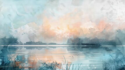 A watercolor painting of a serene lakeside scene with soft pastels and gentle brushstrokes 