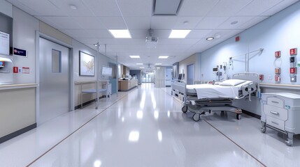 Fototapeta premium A virtual reality tour of a BIM-modeled healthcare campus, illustrating medical facility layouts and patient care environments