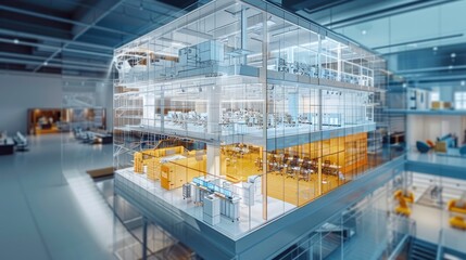 Naklejka premium An augmented reality view of a BIM-modeled corporate headquarters, showcasing office space layouts and employee amenities