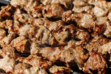 Close-up of succulent grilled meat, glistening with juices and perfectly charred, arranged on skewers.