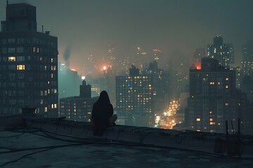 A moody 90s image of a lone figure sitting on a rooftop at night, city lights twinkling in the background, a sense of introspection and solitude