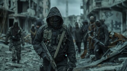Fototapeta premium A zombie hunter character in post-apocalyptic attire, armed to the teeth, in a ruined city full of zombies.