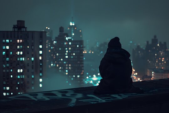 A moody 90s image of a lone figure sitting on a rooftop at night, city lights twinkling in the background, a sense of introspection and solitude - Powered by Adobe