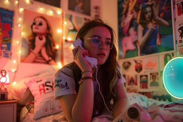 A teenage girl in the 90s talking on a colorful flip phone, with posters of pop stars on her bedroom wall