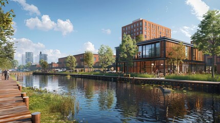 Naklejka premium A virtual design studio session with architects using BIM to plan an urban waterfront redevelopment