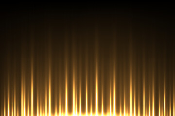 Gold light vertical lines on black background. Glowing abstract futuristic shiny pattern. Bright rays on dark background. Golden stage curtain. Vector illustration
