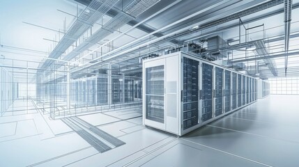 A digital replica of a BIM-guided data center expansion, optimizing server room configurations and energy efficiency