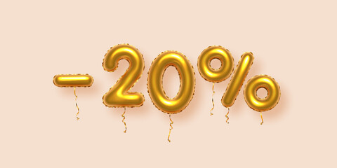 Fototapeta premium Discount creative composition with gold percent off. 3d Golden sale symbol with decorative balloon numbers, minus and percent signs. Sale banner or poster on beige background vector illustration