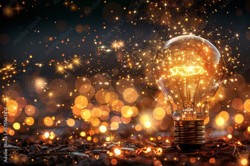 Poster glowing light bulb with golden bokeh lights in the background, creating a warm and magical atmospher