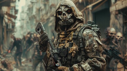 A zombie hunter character in post-apocalyptic attire, armed to the teeth, in a ruined city full of zombies.
