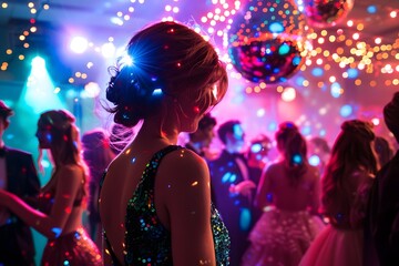 A 90s high school dance with students wearing formal wear, dancing under a disco ball with colorful lights