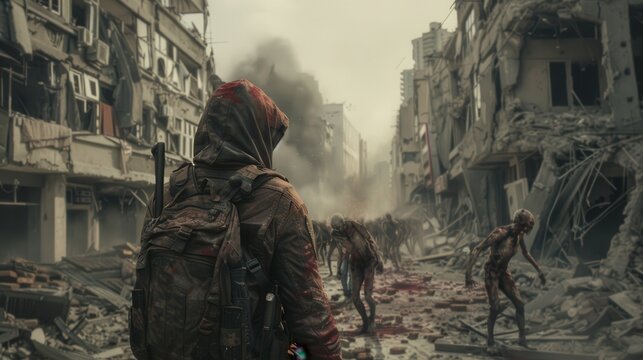 A zombie hunter character in post-apocalyptic attire, armed to the teeth, in a ruined city full of zombies.