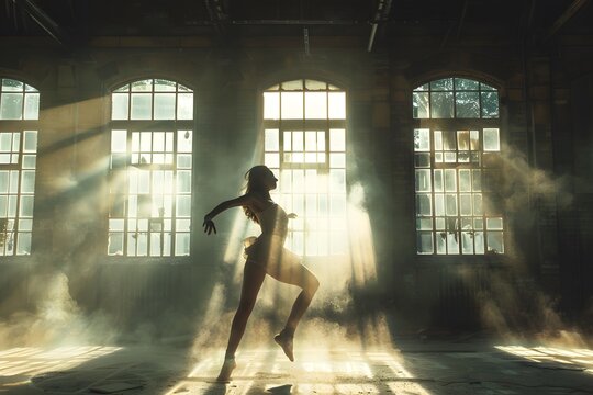 A dramatic 90s-style image of a dancer performing in an abandoned warehouse, sunlight streaming through broken windows, dust particles floating in the air