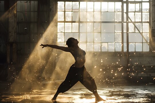 A dramatic 90s-style image of a dancer performing in an abandoned warehouse, sunlight streaming through broken windows, dust particles floating in the air