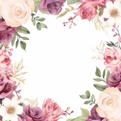 A delicate floral frame with blush pink roses, white blossoms and greenery, perfect for a wedding or special occasion.