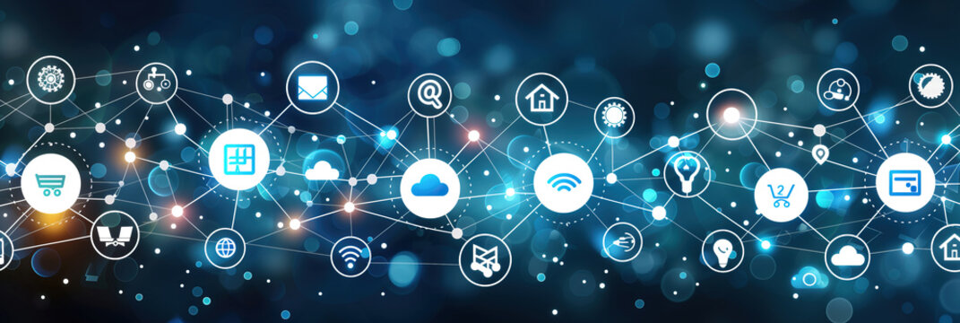 A digital network of interconnected white icons on a dark blue background