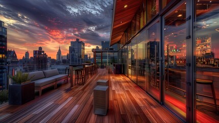 Obraz premium A chic rooftop bar with modern decor, a wooden deck, and glass walls providing a panoramic view of the city skyline at sunset.