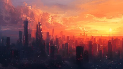 Fototapeta premium Dramatic Cityscape Painting at Sunset with Warm and Cool Tones
