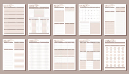 Planners set. Daily, weekly, monthly, yearly, habit tracker, to do list, goal, monthly budjet, weekly budjet and challenge. Blank white notebook page A4.