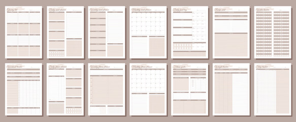 Fitness and meal planners set. Daily, weekly, monthly, workout tracker, fitness goals, weight tracker, daily food log, grocery list, recipe card, water tracker, sleep tracker.