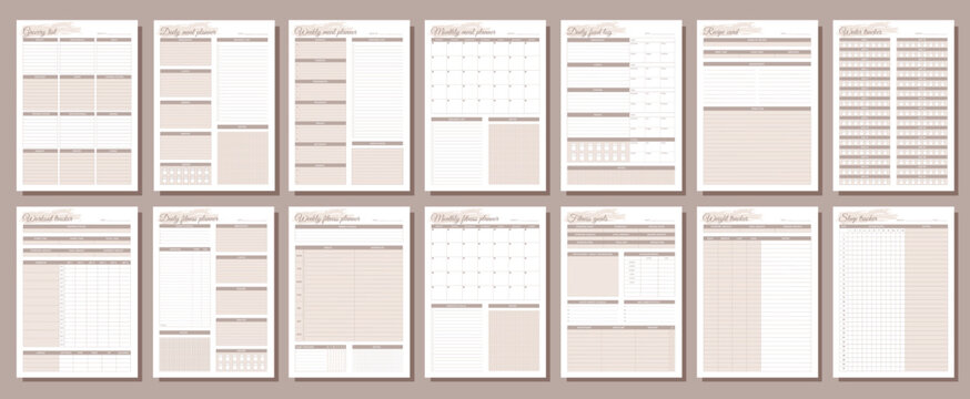 Fitness and meal planners set. Daily, weekly, monthly, workout tracker, fitness goals, weight tracker, daily food log, grocery list, recipe card, water tracker, sleep tracker.