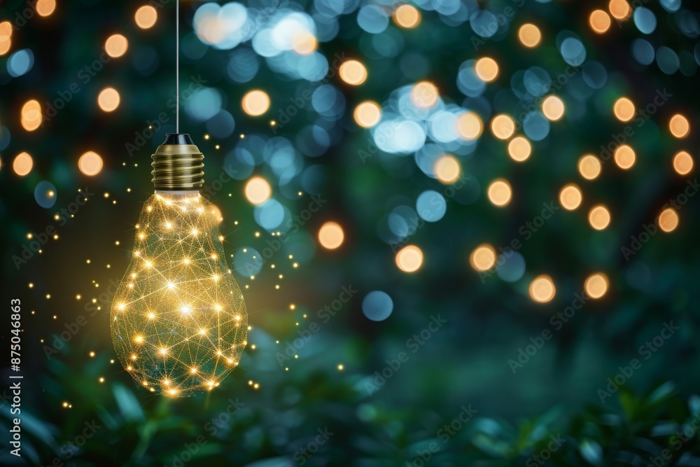 Poster hanging light bulb with golden bokeh lights, creating a warm and festive atmosphere, perfect for a c
