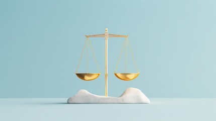 Golden scales of justice on a white stand against a blue background.