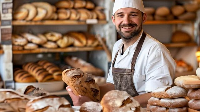 In a bakery store, a cheerful baker displays a selection of breads with excitement and delight
