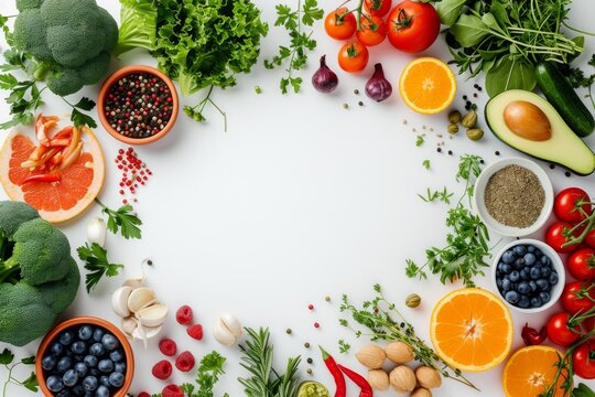 Fresh ingredients for a healthy meal. Colorful fruits, vegetables, herbs and spices on a white background.