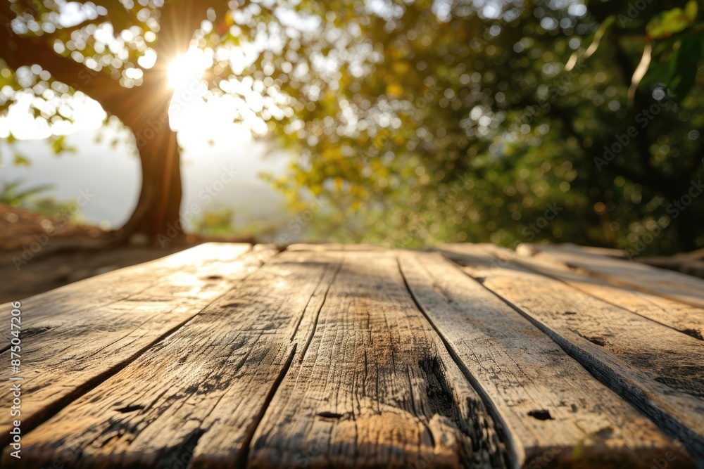 Poster the picture of the wood table in the middle of the forest that surrounded with an uncountable amount