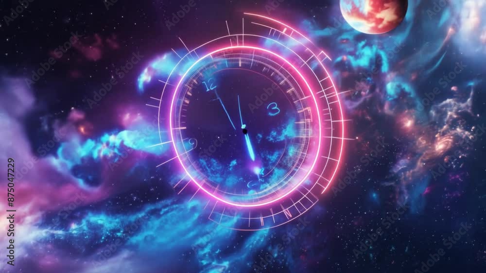 Aufkleber abstract digital background with neon glowing circular patterns and particles