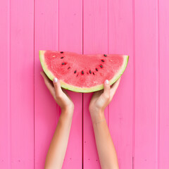 hand holding watermelon slice against pink background