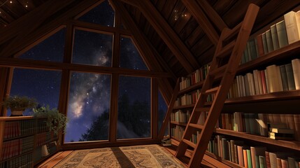 Fototapeta premium A cozy attic library with sloped ceilings, wooden beams, and a large window overlooking a starry night sky.