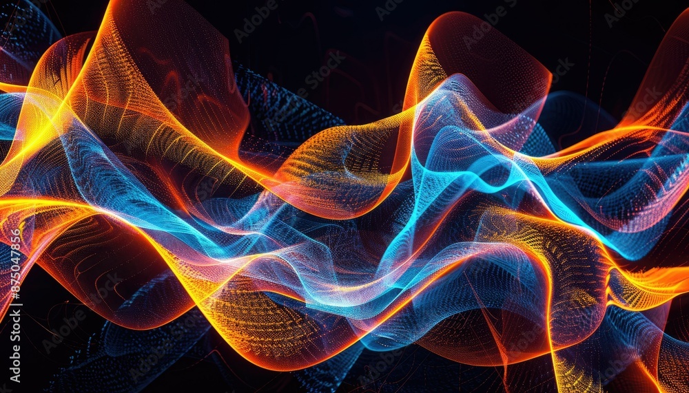 Poster a vibrant display of undulating neon waves in shades of red and blue, creating a mesmerizing effect.