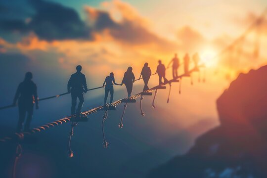 Fototapeta group of people walking forward together on rope bridge at sunset, concept of unity, friendship, overcoming obstacles and success