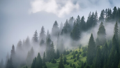 Misty pine forest clinging to a mountainside