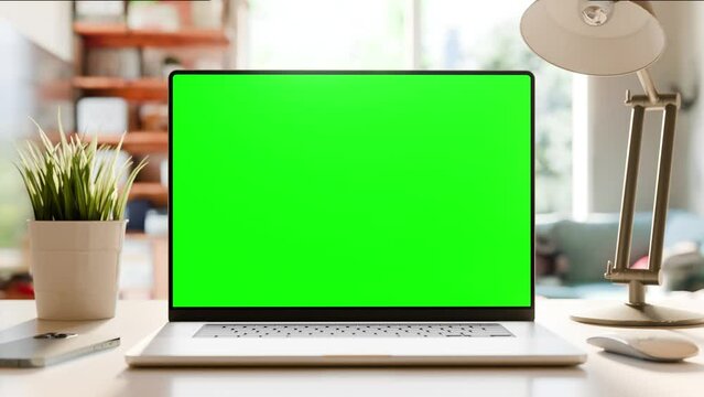 A static shot of a laptop with a green screen on a desk in a home office. Trees swaying in the wind are visible outside the window. Looped footage. 3d render