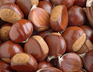 Obraz premium Close-up of shiny brown chestnuts clustered together