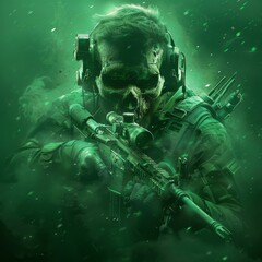 Fototapeta premium Skeleton Soldier Holding a Sniper Rifle in a Green Fog