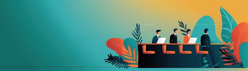 Vector illustration of a team meeting around a table with laptops and plants in a vibrant, abstract background setting.