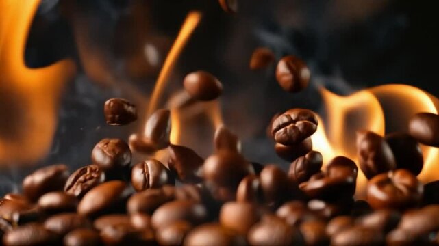 Coffee beans falling in front of a fire create a mesmerizing sight with warm flames and rich beans