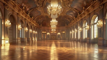 Obraz premium A grand ballroom with ornate chandeliers hanging from a vaulted ceiling, and a polished parquet floor ready for an elegant dance.
