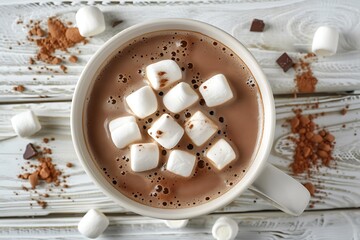 Cup of delicious hot chocolate with marshmallows on table on wooden background