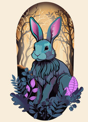  Rabbit in the forest with leaves and berries on the beige background